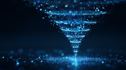 Obraz na płótnie Canvas Futuristic data funnel made of blue light particles over dark background representing cro conversion rate optimization, lead funnel, and data-driven growth.