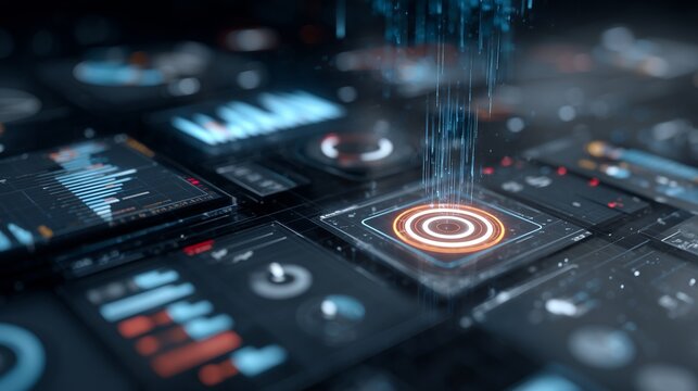 Futuristic digital dashboard with target icon on a chip, representing conversion rate optimization and data-driven marketing insight.