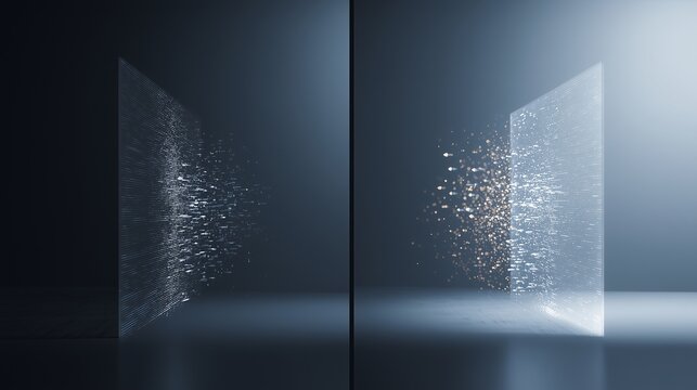 Two translucent panels facing each other with particle flow between them, symbolizing a/b testing and conversion rate optimization experiment split and result comparison.