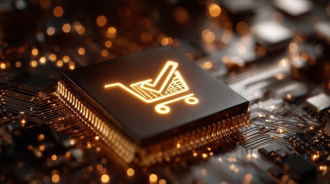 Golden shopping cart icon on a microchip representing cro conversion rate optimization for e-commerce and tech-driven user journey.