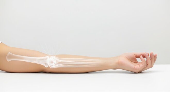 Arms pain surgery options concept. X-ray of a human arm showcasing bones and joints in a medical context.