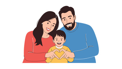 Portrait of a happy father, mother, and young son smiling while joining their hands to form a heart shape together.