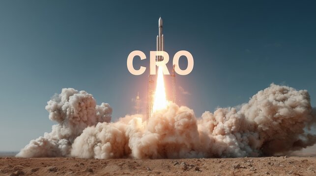 Rocket labeled cro launching from desert, symbolizing conversion rate optimization growth and performance uplift.