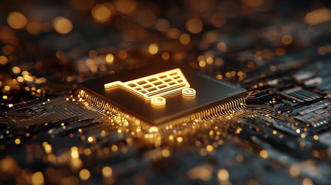 Golden shopping cart icon on a circuit board symbolizing retargeting for e-commerce and digital advertising.
