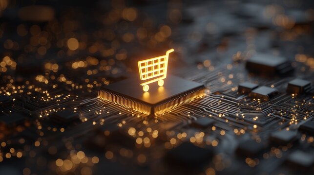 Golden shopping cart icon on a glowing circuit board symbolizing ecommerce conversion and digitization development, with futuristic digital and payment concept.