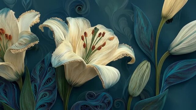 Elegant lily flowers illustration on textured blue background