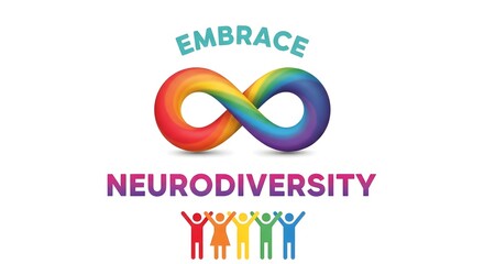 Diverse group of small stylized human figures raise their arms below the colorful infinity symbol for embracing neurodiversity.