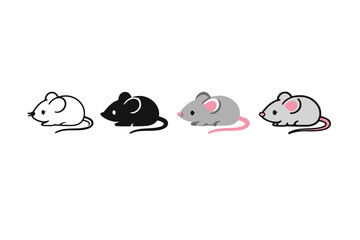 Obraz premium Minimal cartoon mouse set in four color variations, side-view rodent icons with simple outlines and pink ears and tails on white background