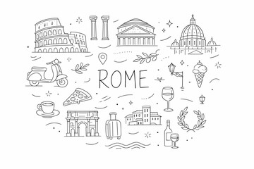 Fototapeta premium Hand-drawn Rome travel doodles featuring iconic architecture, scooter, pizza, gelato, wine, luggage, and map pin in a minimalist sketch style