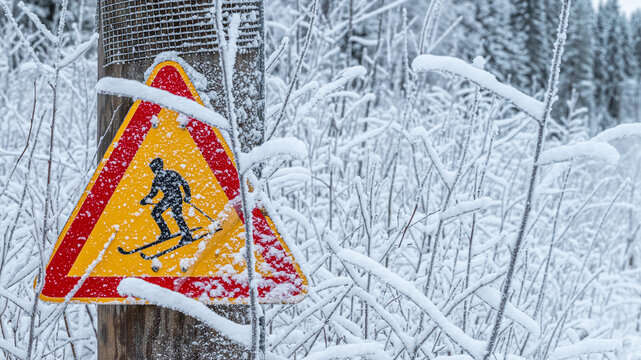 A close-up of a yellow triangular warning sign with a skier. A warning sign indicates that there is a ski slope here on a snowy winter trail.