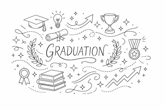 Hand-drawn graduation doodle banner with diploma, mortarboard, trophy, books, medal, lightbulb, and upward arrows celebrating academic success