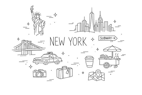 Minimal line art travel illustration featuring New York city skyline, statue, bridge, subway sign, taxi, camera, luggage, map, coffee, street food cart