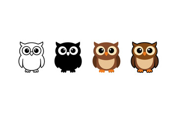 Fototapeta premium Set of four cute cartoon owl icons in different colors and styles, front-facing with big eyes, isolated on a clean white background