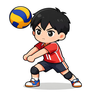 Cartoon CHIBI style young volleyball player. Active working posture. Ideal icon for logo, badge, branding, company mascot. High quality 