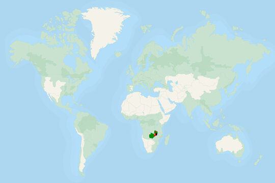 Zambia Highlighted on World Map with National Flag. Zambia Map and Flag.
