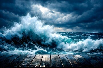 Fototapeta premium Dramatic stormy sea with crashing waves and dark clouds over a wooden pier
