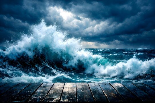 Dramatic stormy sea with crashing waves and dark clouds over a wooden pier