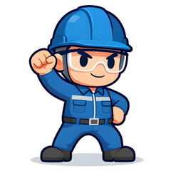 Obraz premium Cartoon CHIBI style construction worker. Active working posture. Ideal icon for logo, badge, branding, company mascot.