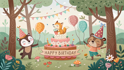 Fototapeta premium forest animals celebrating birthday with cake and balloons