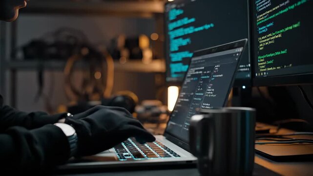 engineer edits code. work runs across laptop and monitor. glove on hand presses keyboard. Terminal output and source lines fill app view. Workspace holds tools and mug. Focused development continues.