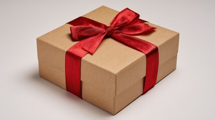 Obraz premium Elegant gift box wrapped with red ribbon on neutral background