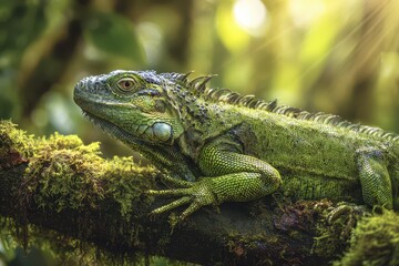 Emerald iguana perched among lush foliage with textured scales in warm jungle light