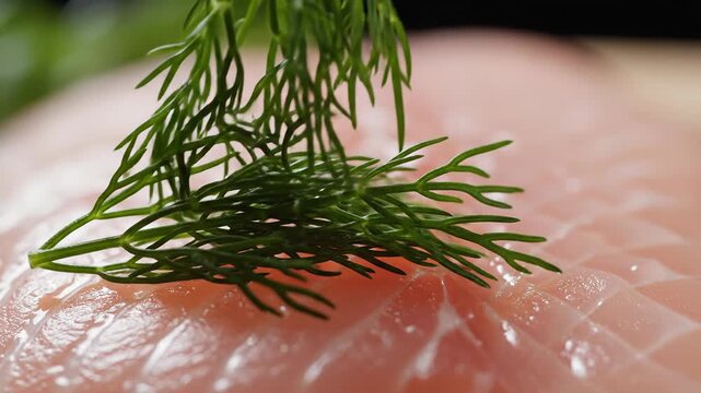Close-up of fresh raw fish fillet with dill sprig, healthy food preparation