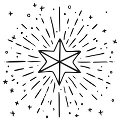 Doodle Illustration of Star with Rays and Stars, Hand Drawn Sketch, Geometric Motif, Mystic, Occult Symbol