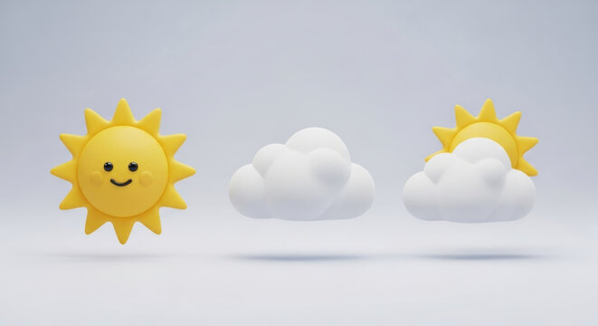 Set of cute 3D weather icons featuring a smiling sun a fluffy white cloud and a sun behind a cloud isolated on a light gray background for mobile app and web interface design