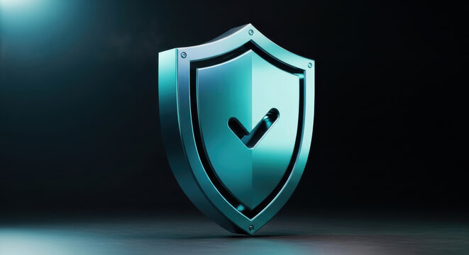3D metallic blue security shield icon with a check mark emblem on a dark studio background representing cyber security and data protection concept