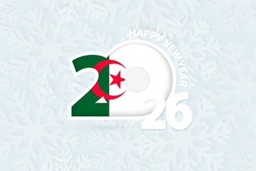 Fototapeta premium New Year 2026 for Algeria on snowflake background.