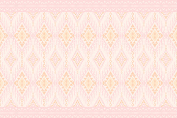 Soft pastel seamless geometric pattern with ethnic diamond motifs and decorative borders in peach and cream tones, perfect for textile design, wallpaper, background, fabric, and vector illustration.