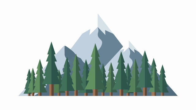 Flat illustration of a pine forest against snow-capped mountains