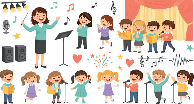 Kids Singing and Music Performance Vector Set with Choir, Microphones, Stage, Teacher, Musical Notes and Happy Children Characters