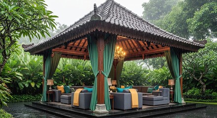 Obraz premium Luxury open-air pavilion with seating area and chandelier in tropical rain