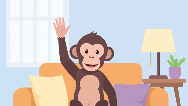 Friendly monkey waves from a couch in a room with a lamp