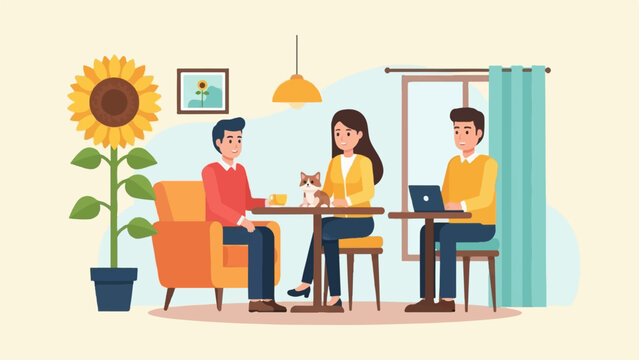 Friends and a cat share a cozy indoor scene with a sunflower