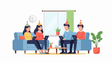 Fototapeta premium Four people in party hats sit on couches with laptops