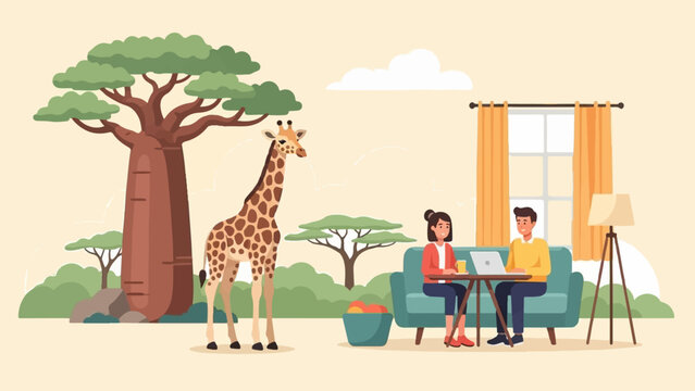 Giraffe and baobab tree in savanna next to people working indoors