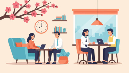 Fototapeta premium Four people work on laptops in a cafe with cherry blossoms outside