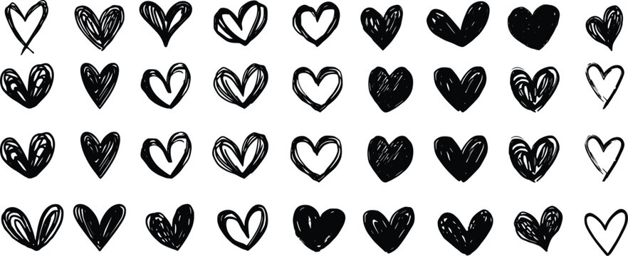 Set of Hand-drawn Heart Icons, Vector Illustration Isolated on White Background