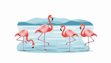 Four vibrant pink flamingos stand in shallow, rippling blue water