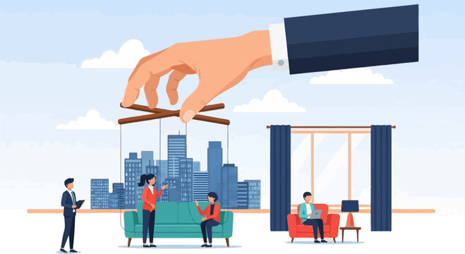 Giant hand controls cityscape with puppet-like people