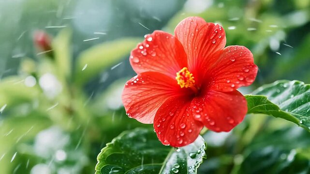 RedHibiscuswithDewdropsonGreenLeaves