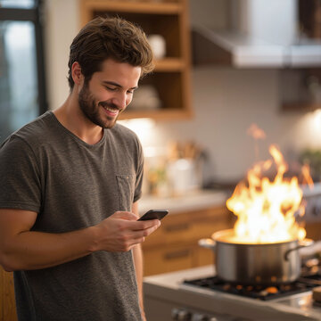 American man smiling while texting in a modern kitchen, oblivious to a grease fire and boiling pot behind him, home insurance concept