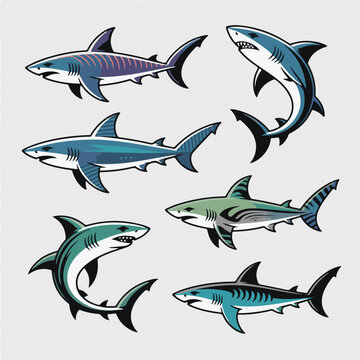 Set of shark mascot illustrations, predatory fish vector icons for logos, sports branding, and apparel design