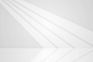 Empty white wall studio room interior backdrop background for product display with blurred window shadow. Abstract white gray copy space for spring, autumn, summer product presentation