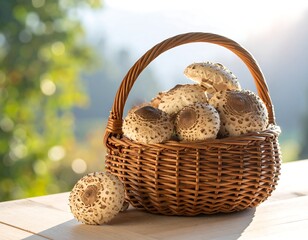 A wicker basket overflowing with edible fungi, outdoors