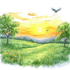 Spring Sunrise Over Hills, watercolor clipart vector, isolated on a white background. © azendia