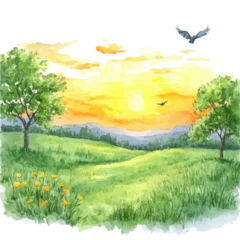 Fotobehang Olijf Spring Sunrise Over Hills, watercolor clipart vector, isolated on a white background.  © azendia